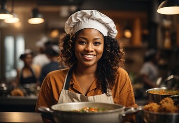 Beautiful black women wearing casual clothes with apron and chef hat, soup in a bowl and fried chicken on the background