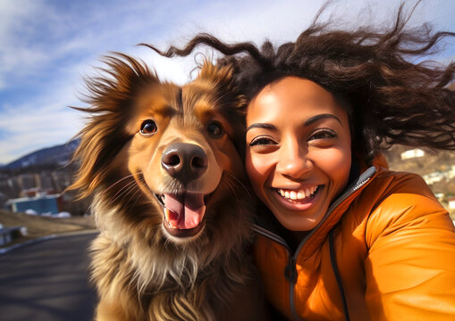 A Black Woman Takes A Selfie With A Dog While Walking In The Street