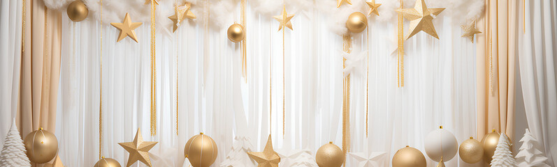 Christmas decoration. Curtains with lights, Christmas balls, gifts, garlands... Christmas backgrounds
