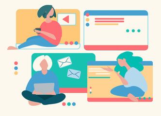 Young people in front of a computer screen. line illustrations, Flat style, isolated vector element, hand lettering