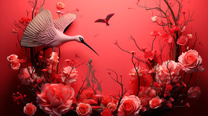 a fantasy flower with roses and a red background.