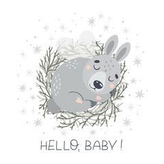 Hello Baby! Vector illustration with a cute sleeping fairytale hare. Suitable for printing posters, stickers, cards and more.