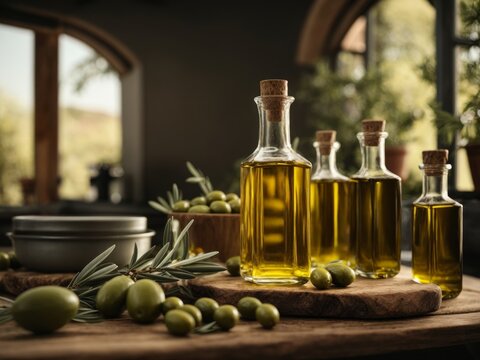 Glass jars filled with olive oil with olives around in a rustic country house in Spain