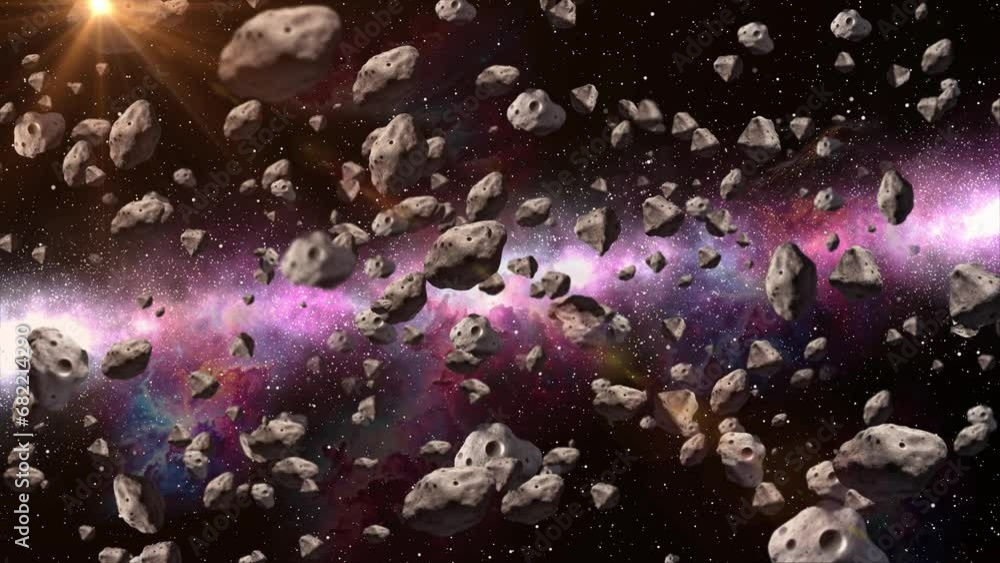 Poster flying through asteroids flying in colorful deep space and nebula. stars 3d asteroids flying with op