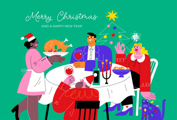 Happy people celebrating Christmas at the festive table, eating holiday meals and drinking wine. 