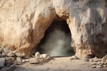 Easter Sunday concept: Jesus Christ is risen from tomb. View from empty cave on Calvary hill to Jerusalem. Christian Easter concept. Church worship, salvation concept