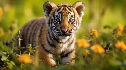 Obraz premium A playful tiger cub exploring a grassy clearing