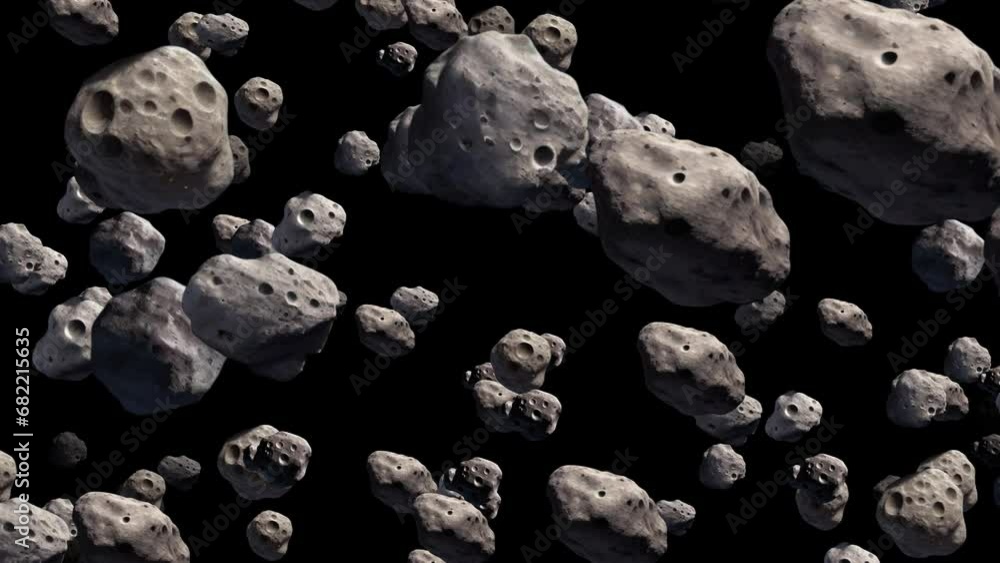 Poster closeup view of lots of meteor flying on black background. asteroids flying in dark deep space . sta