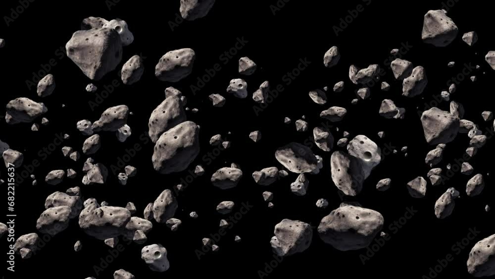 Poster metallic rock closeup view flying on black background. asteroids flying in dark deep space . stars 3