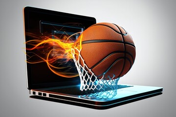 Basketball ball and hoop on the laptop. Online sport video game