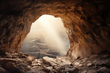 Easter Sunday concept: Jesus Christ is risen from tomb. View from empty cave on Calvary hill to...