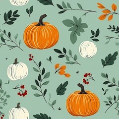 pumpkin fall pattern autumn leaves on pastel green background seamless pattern