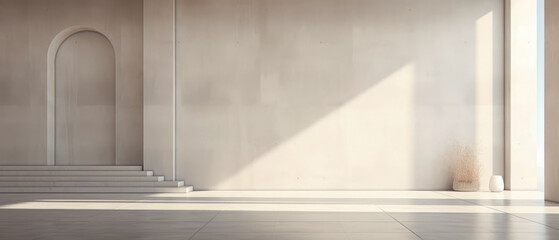 Obraz premium Contemporary beige interior mockup. spacious apartment. Textured concrete empty wall with overlay shadow effect. Empty podium, display, for product presentation. Minimal background. Generative ai.