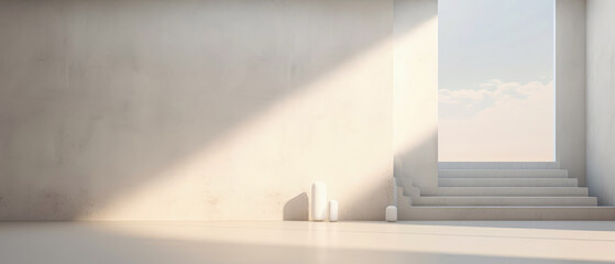 Futuristic beige interior mockup. Surreal view. Textured empty wall with overlay shadow effect. Empty podium, display, for product presentation. Minimal background. Generative ai.	