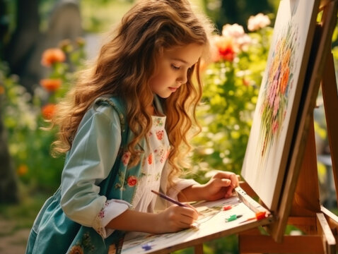 Young girl focused on painting outdoors. The concept is childhood creativity and art.