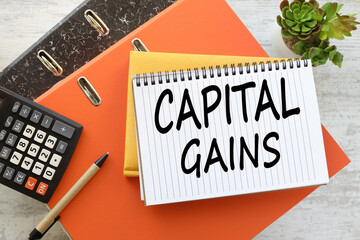 Capital gains desktop orange folder calculator plant in a pot. text on a notebook