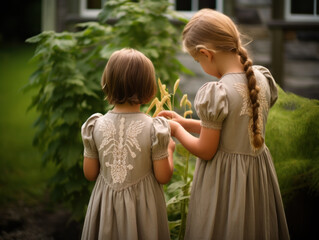 Two girls exploring a garden together. The concept is childhood curiosity and nature.