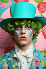Portrait of a man with a blue fist and prince of flowers, great make-up around eyes, painted hair and blue hat. - obrazy, fototapety, plakaty