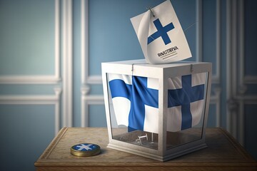 Ballot box with flag of Finland and voting papers. Finnish presi