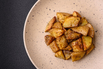 Delicious crispy fried potato wedges with salt, spices and herbs