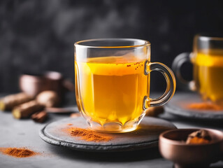 Cup of tea on a table. Hot turmeric tea in a cup with ginger, cinnamon, and turmeric on a wooden table backdrop.