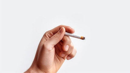 A hand holding a cigarette on a white background