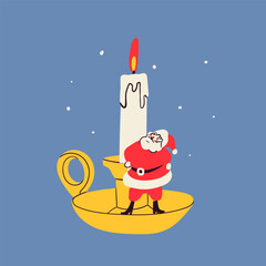 Lighted candle on a brass candleholder. Little Santa Claus standing on it. Hand drawn modern Vector illustration. Isolated design element. Party decoration, postcard, New Year celebration concept