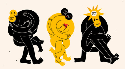 Embracing intertwined couples. Twisted hands and legs. Cute abstract characters. Cartoon style. Hand drawn Vector illustration. Isolated design elements. Love, hugging, support, cuddling concept