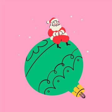 Little Santa Claus sitting on a big green christmas toy. Hand drawn modern Vector illustration. Isolated design element. Party decoration, postcard, New Year celebration, invitation concept