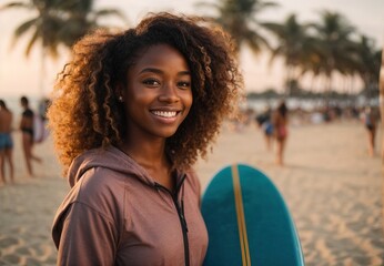 Black woman in surfing suit, surfing ads, beach on the background - obrazy, fototapety, plakaty
