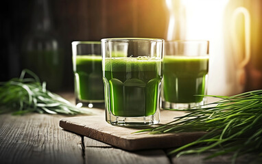 Wheatgrass juice on a blurred background. A healthy drink that can be healthy and function as a detox in the body. - obrazy, fototapety, plakaty