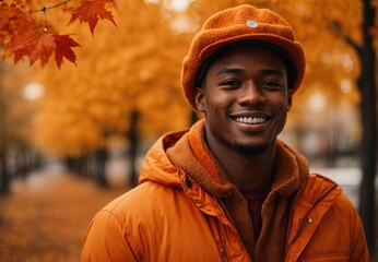 Men in autumn season, wearing orange costume theme and hat, autumn leaf and tree decoration on the background