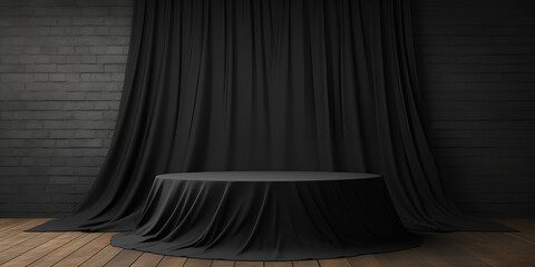 A round stage in a dark room with a black cloth on the floor and black cloth on back  A Dark Chamber's Stage Wrapped in Velvet Grandeur AI Generative 