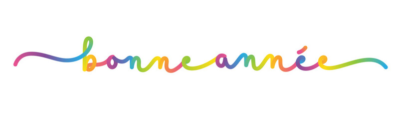 BONNE ANNEE (HAPPY NEW YEAR in French) colorful vector brush calligraphy banner with rainbow gradient on white background