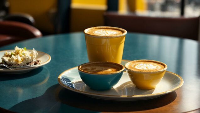 yellow takeaway coffee cup, illuminated by the sun, on a blue background,