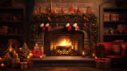 Fototapeta na wymiar Christmas decoration with fireplace, Christmas tree, gifts, socks, lights, candles... Christmas decorated home. Christmas interior decoration. 