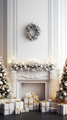 Christmas decoration with fireplace, Christmas tree, gifts, socks, lights, candles... Christmas decorated home. Christmas interior decoration.
