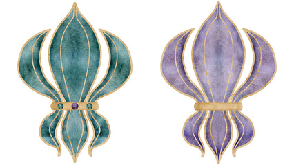 Hand drawn watercolor Mardi Gras carnival symbols. Lily iris flower French fleur de lis, purple green gold beads. Single object isolated on white background. Design for party invitation, print, shop © Elena