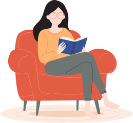 Young girl is sitting on the sofa, woman reading a book, modern flat illustration style vector isolated, boho warm color style