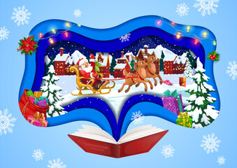 Christmas paper cut fairytale book with flying Santa on sleigh, presents on snow and winter town. Papercut vector greeting card with opened fairy tale and father Noel on deer sled in exposition frame