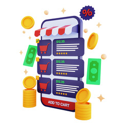 3d icon phone e-commerce with money isolated on the transparent background