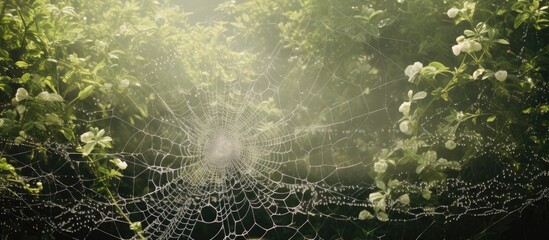 In the vintage garden, a spiderweb glistened with morning dew, its intricate network forming an abstract and mesmerizing design against the backdrop of lush green grass and delicate white flowers