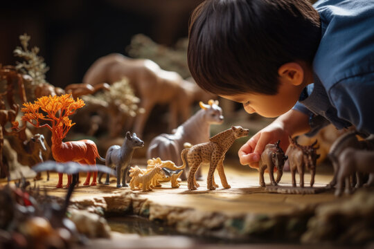 Boy playing with animal figurines. The concept is imaginative play and learning.