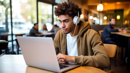 Young man working on laptop, boy freelancer or student with computer in cafe at table.