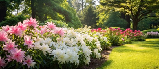 Obraz premium In the summer, amidst the vibrant and colorful garden, a stunning floral display of white and pink flowers graces the lush green landscape, captivating all with its natural beauty and the delicate