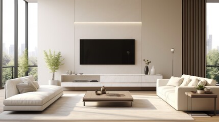 White sofa and big tv unit in spacious room. Luxury home interior design of modern living room