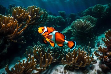 Naklejka na ściany i meble A vibrant clownfish, adorned with bright orange and white stripes