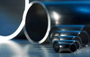 Metallrohrverbindungen oder Rohrverbindungsstücke und Sanitärrohre auf blauem Hintergrund