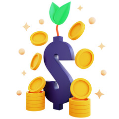 3d icon money growth with leaf isolated on the transparent background