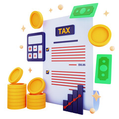 3d icon tax with money and calculator isolated on the transparent background